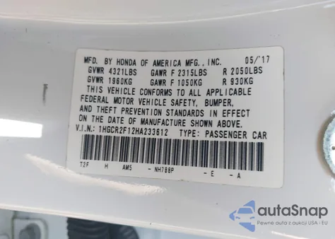 2017 Honda Accord Sport Se z USA, uszkodzony, nr VIN 1HGCR2F12HA233612